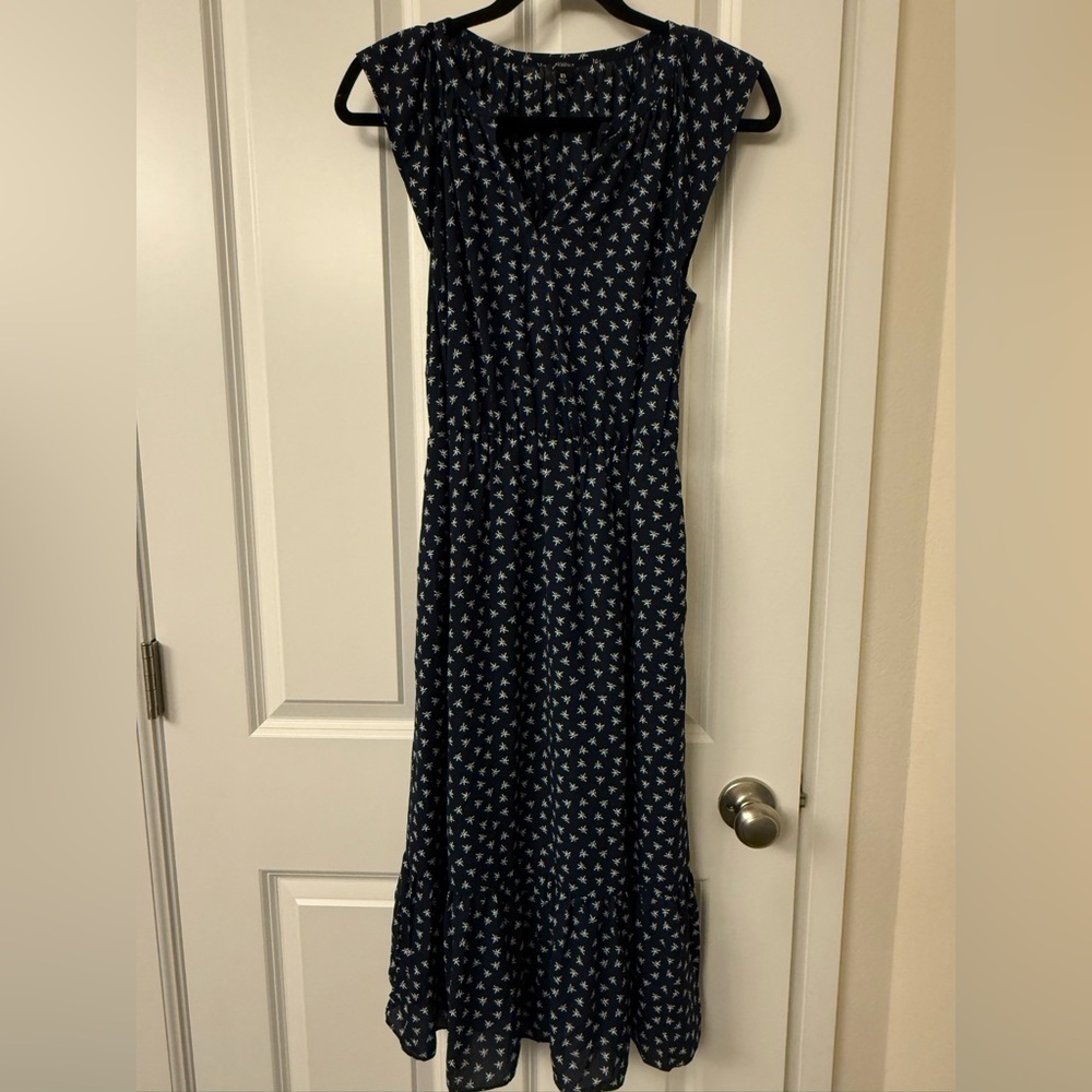 J. Crew Factory Dark Blue Patterned Midi Dress